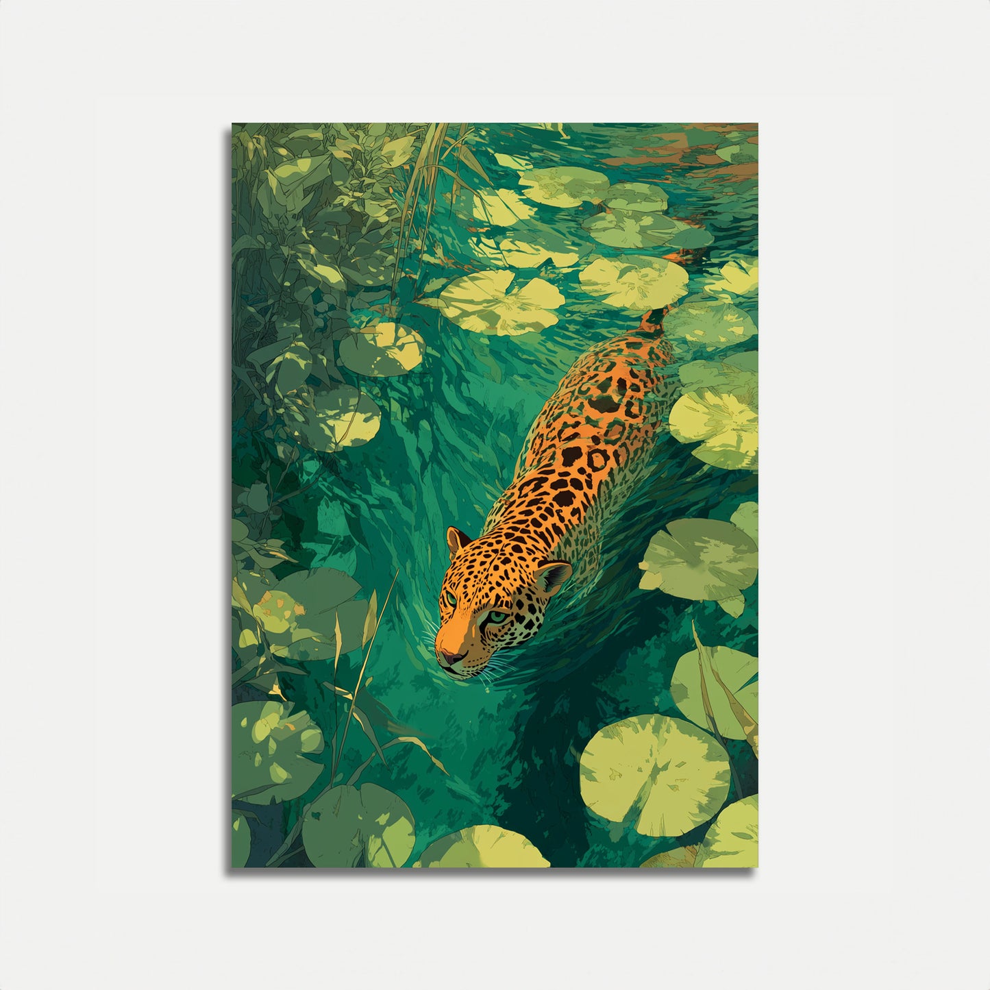 Jaguar Swimming Lily Pond Poster