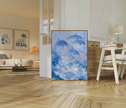 Plakat: Delfiner hopper over havbølger