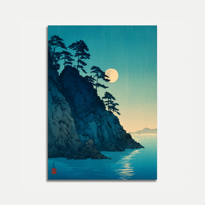 Pôster de Paisagem Japonesa com Penhascos ao Luar