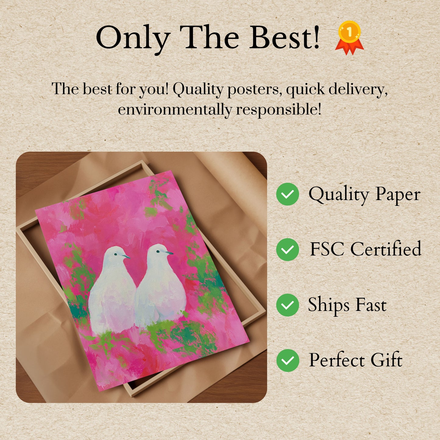 White Doves in Pink Garden Poster