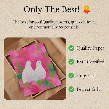 White Doves in Pink Garden Poster