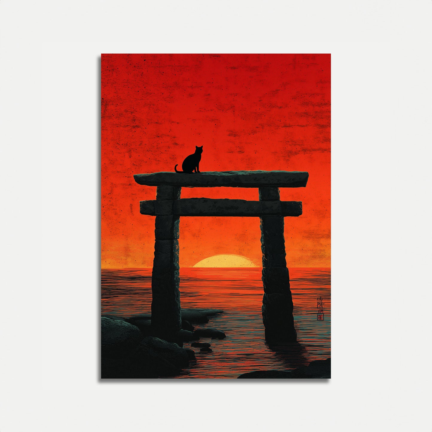 Cat and Torii Gate Sunset Poster