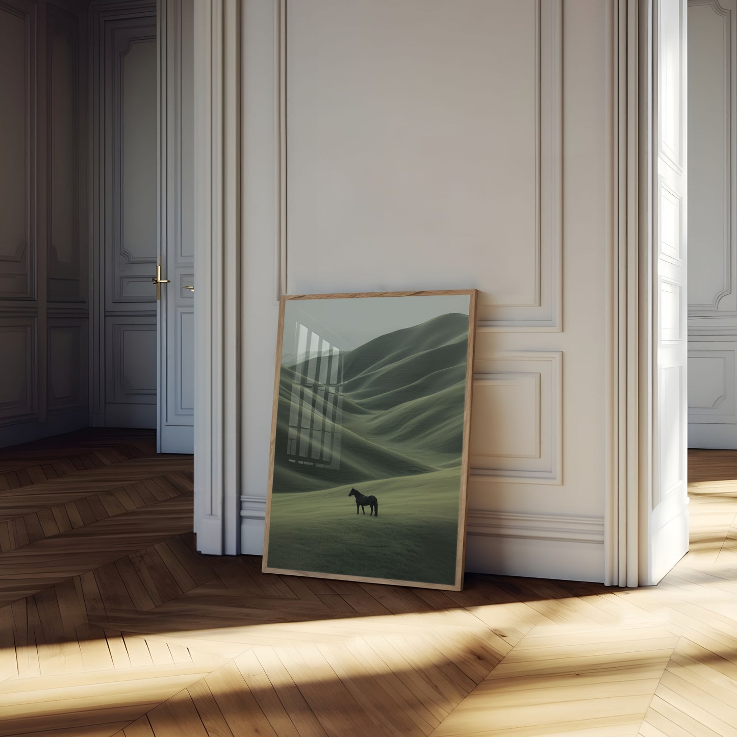 Einsames Pferd in Hügellandschaft Poster