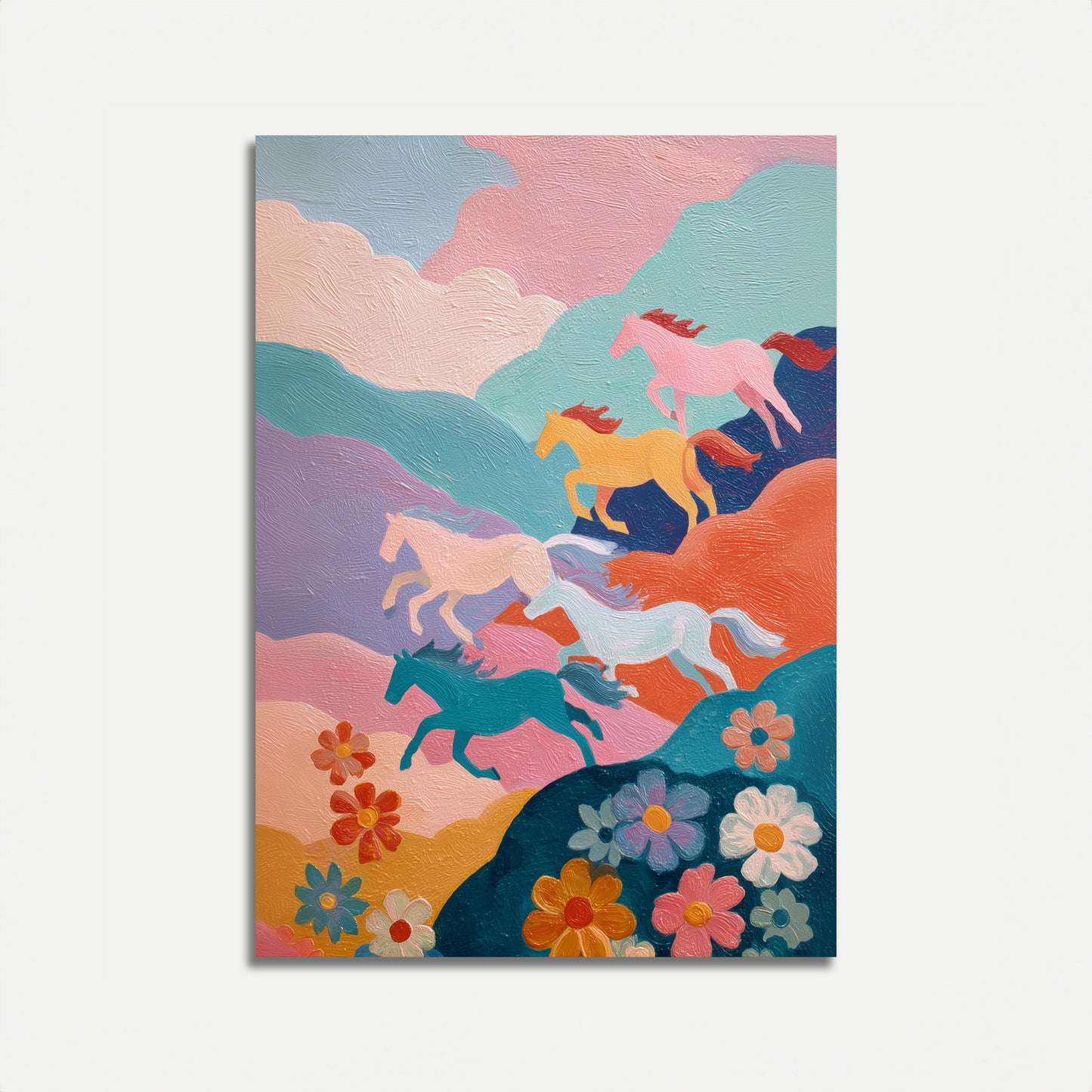 Running Horses Floral Landscape Poster