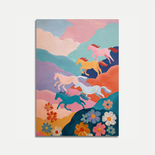 Running Horses Floral Landscape Poster