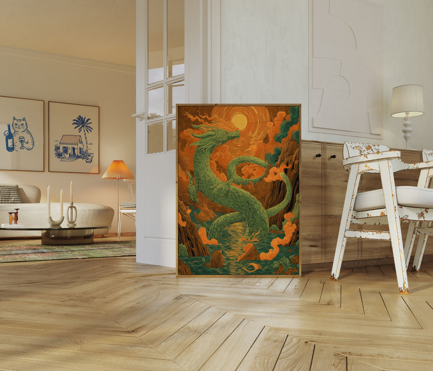 Póster Atardecer místico del dragón esmeralda