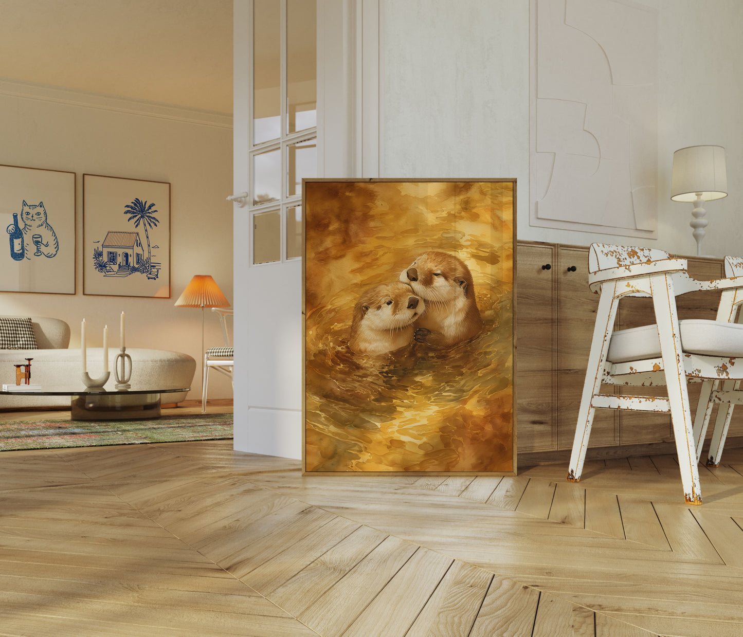 Otters in Golden Waters Poster