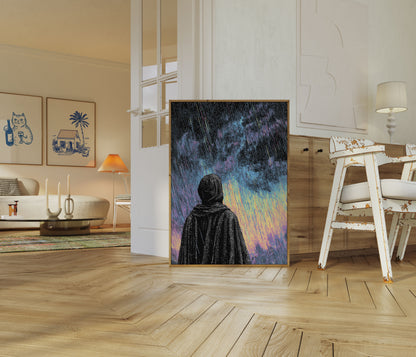Figura Solitaria en la Lluvia Póster