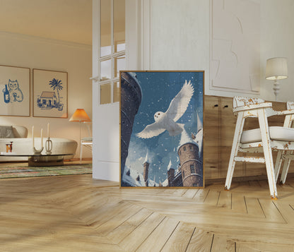 Snowy Owl Flying Over Castle Poster