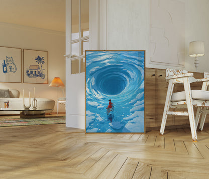 Pige på cykel under cyklonplakat