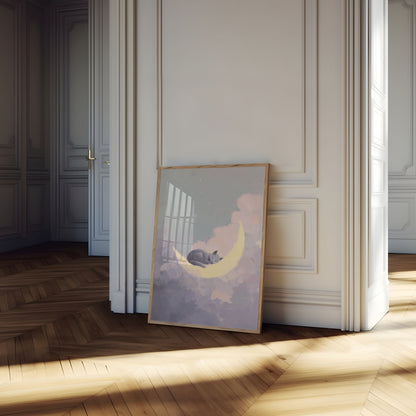 Schlafende Katze auf dem Mond Poster