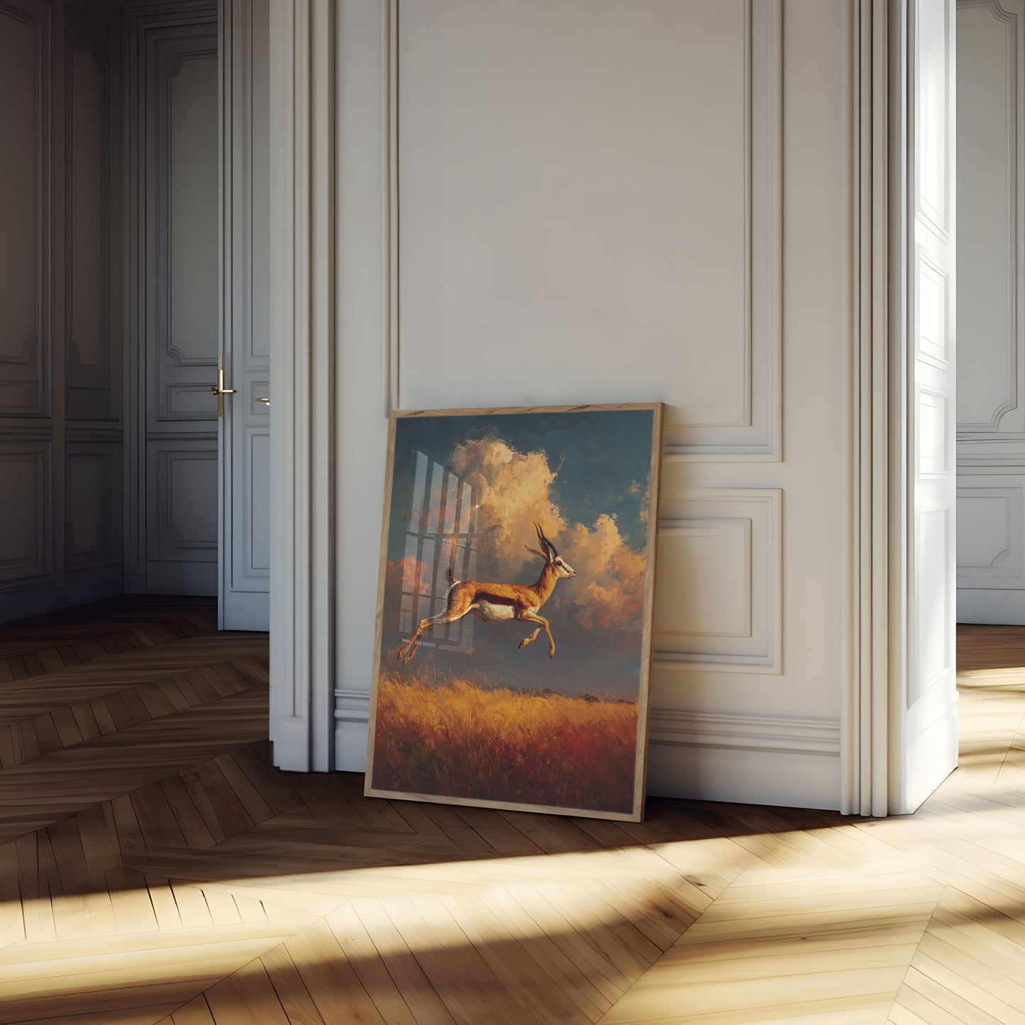 Springende Antilope bei Sonnenuntergang Poster