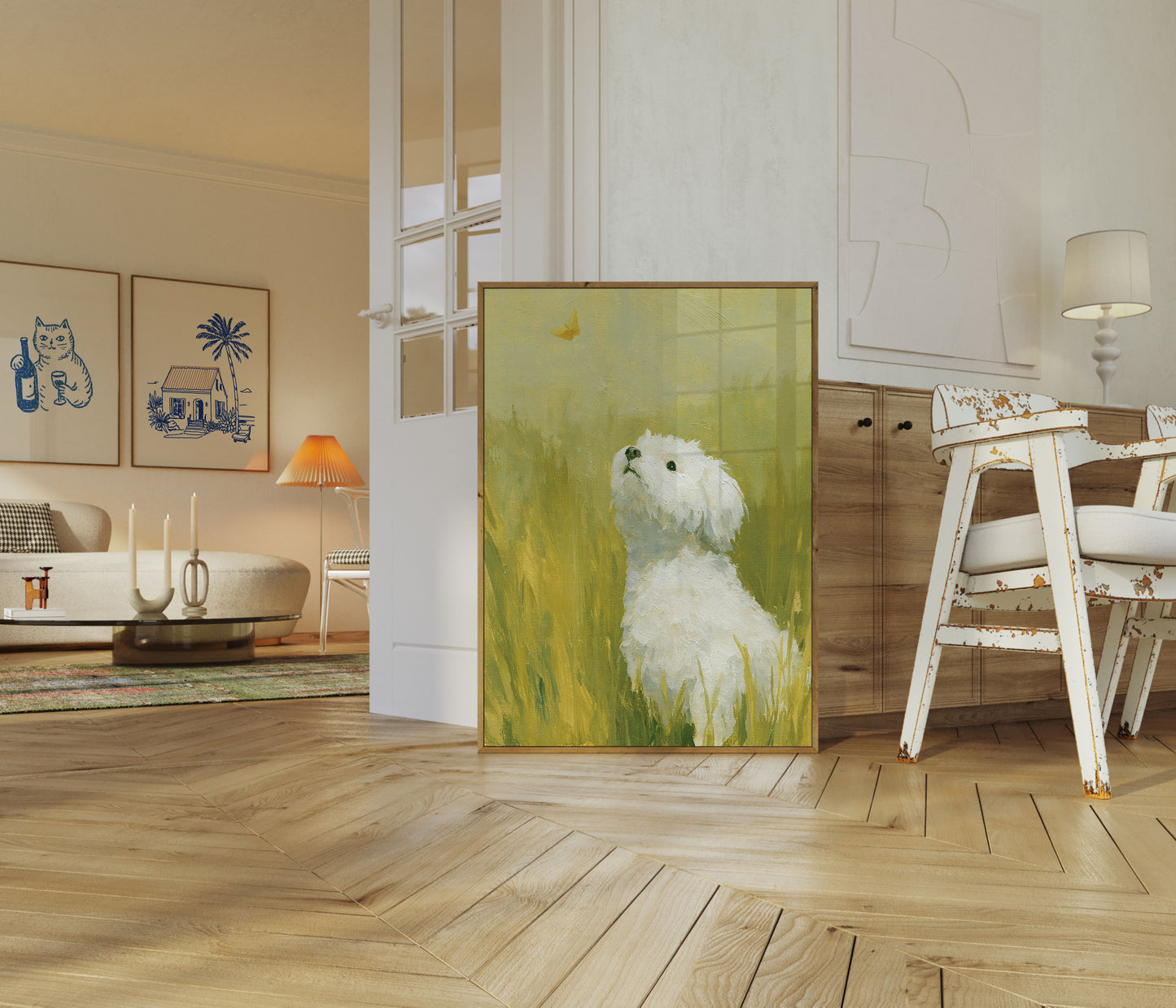 Hvit hund i eng-plakat