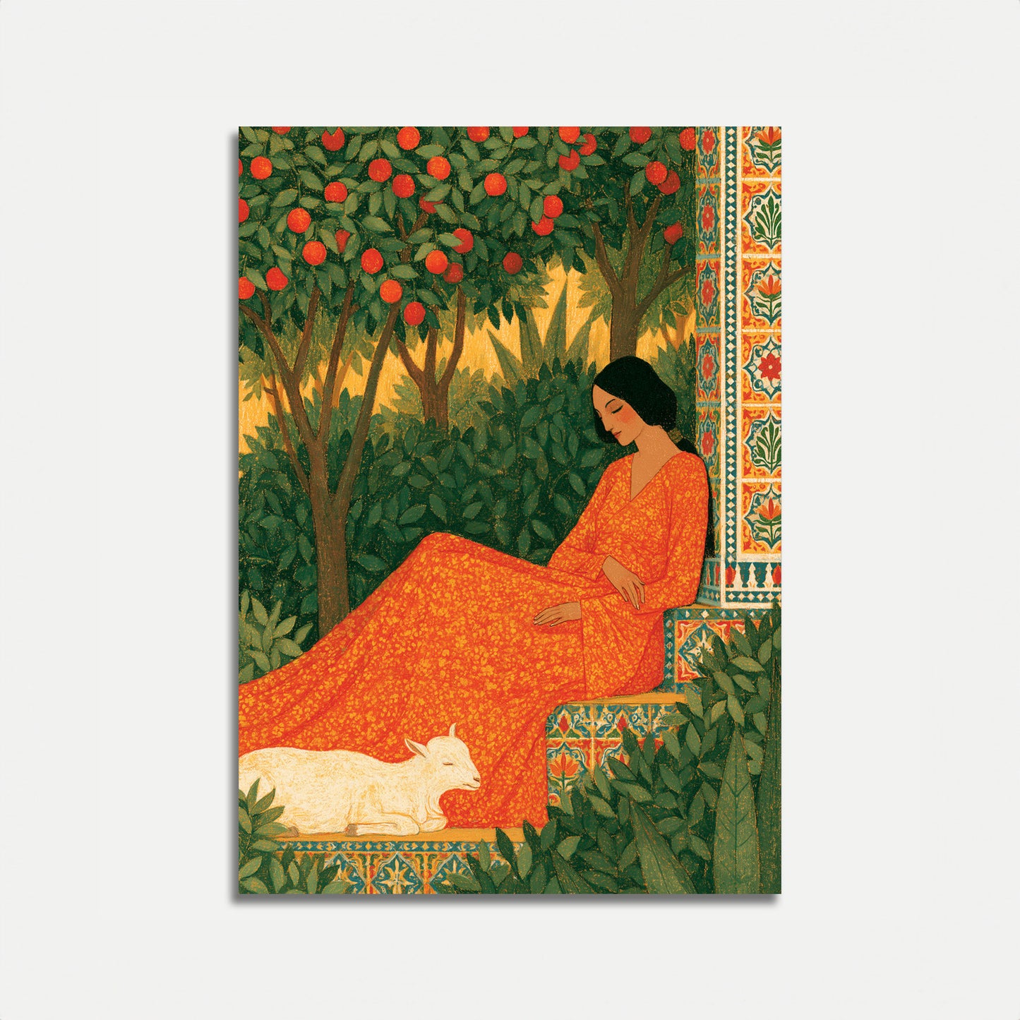 Frau im Garten mit Ziege Poster