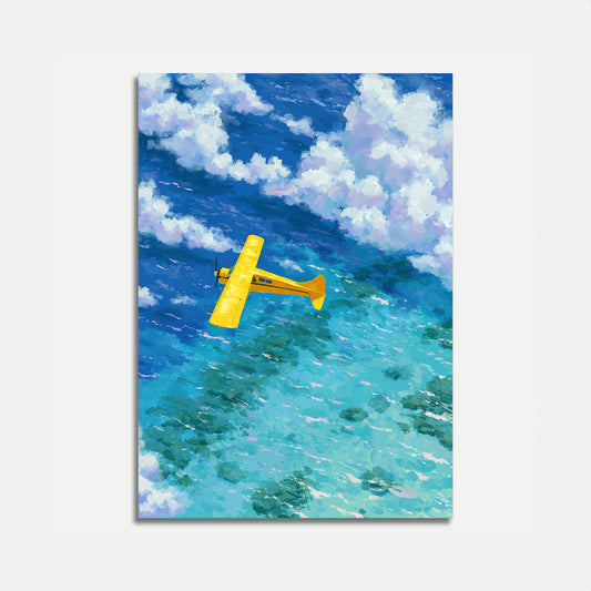 Gele watervliegtuig boven oceaan poster