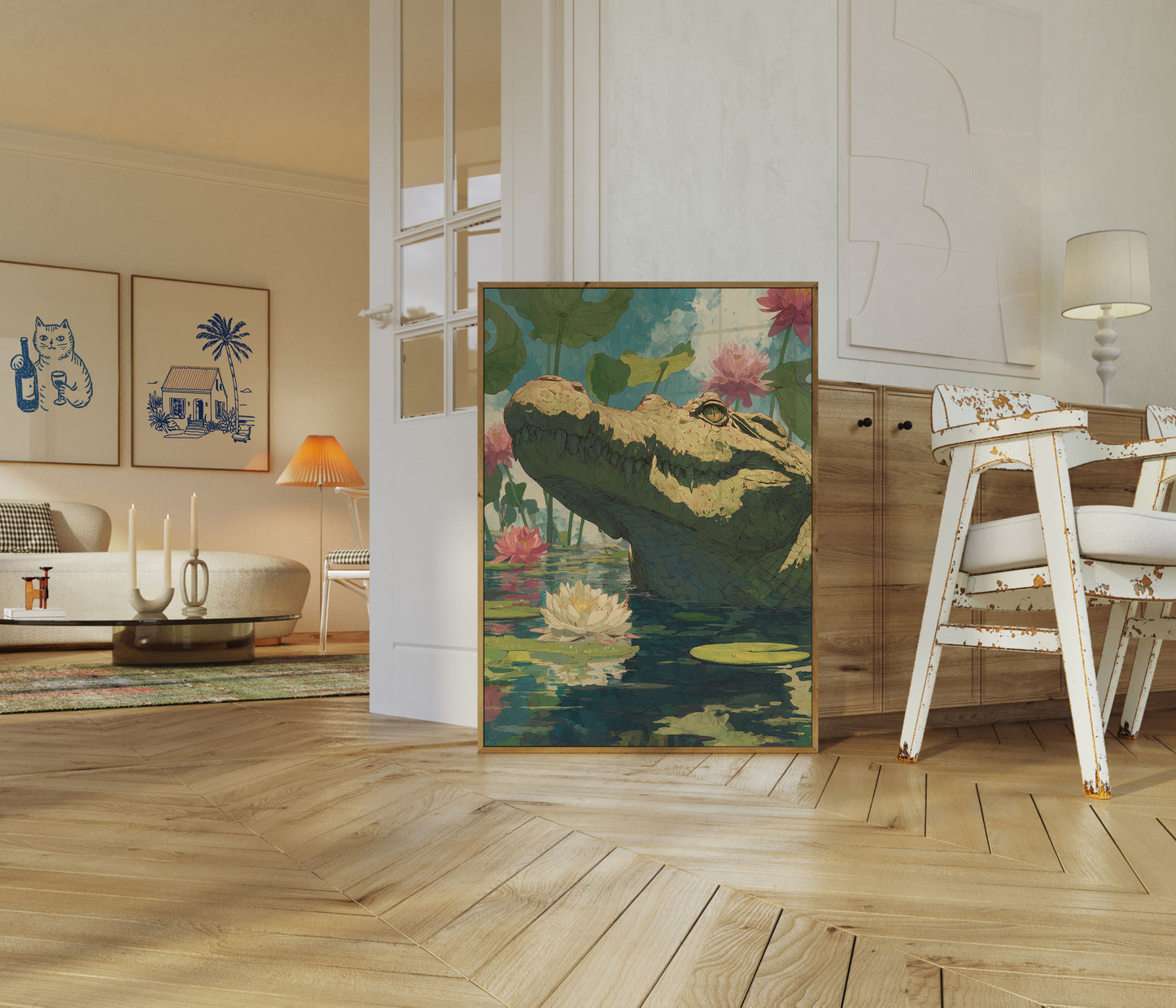 Póster de cocodrilo en aguas de loto