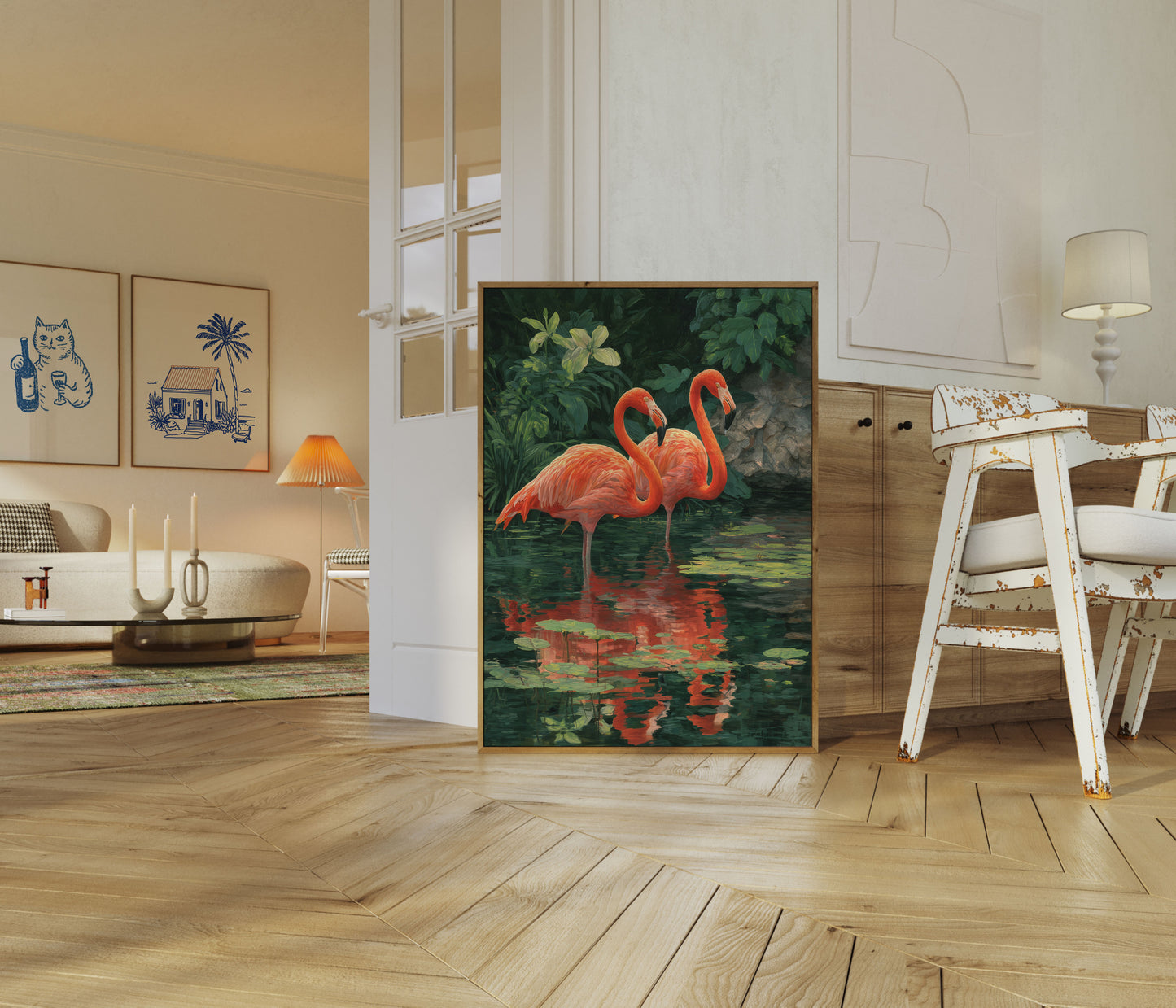 Rode Flamingo's in Weerspiegeling Poster