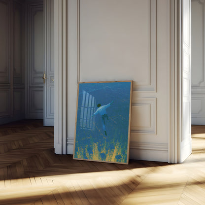 Ethereal Diver Above Cityscape Poster