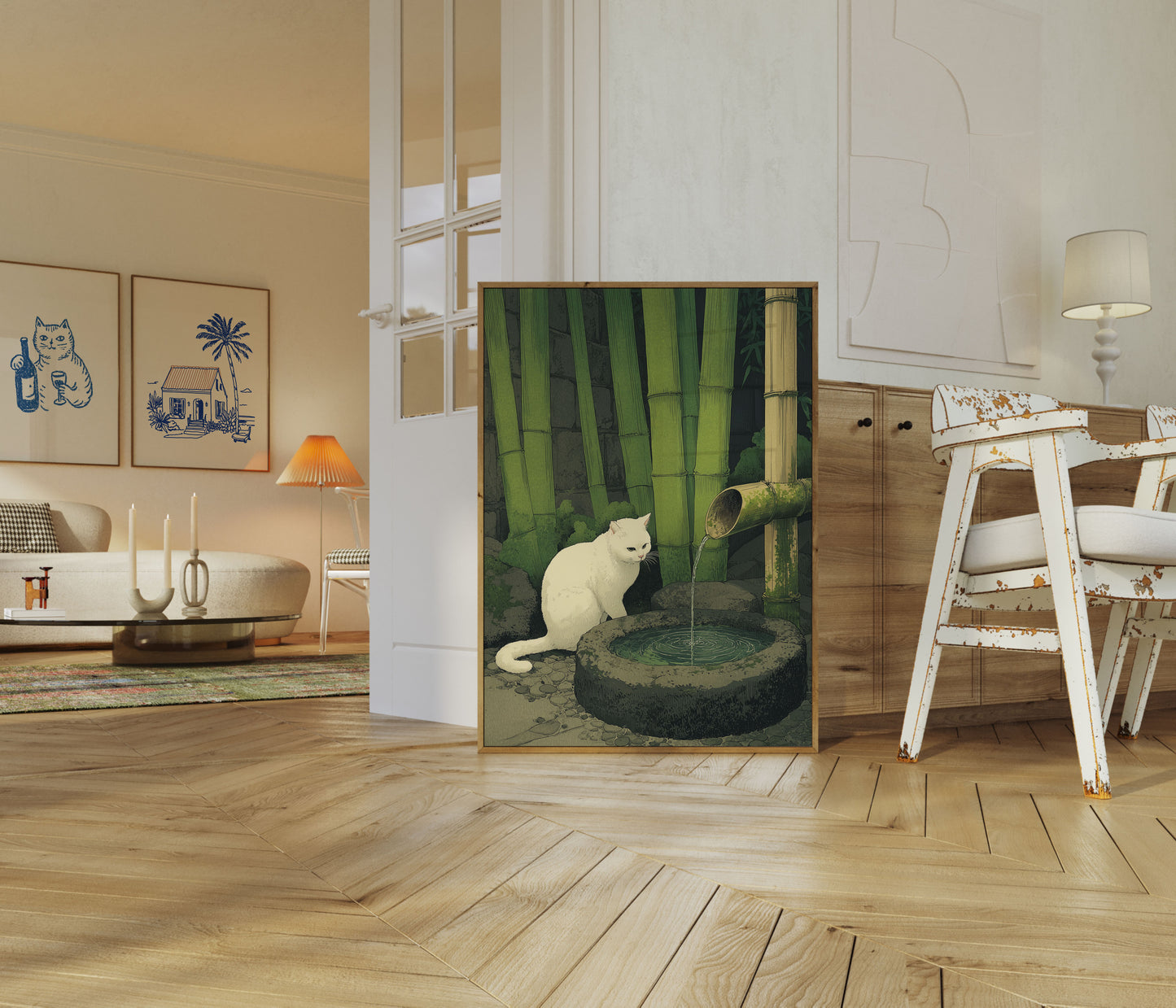 Poster Gatto Bianco presso il Ruscello di Bambù