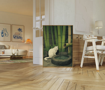 Poster Gatto Bianco presso il Ruscello di Bambù