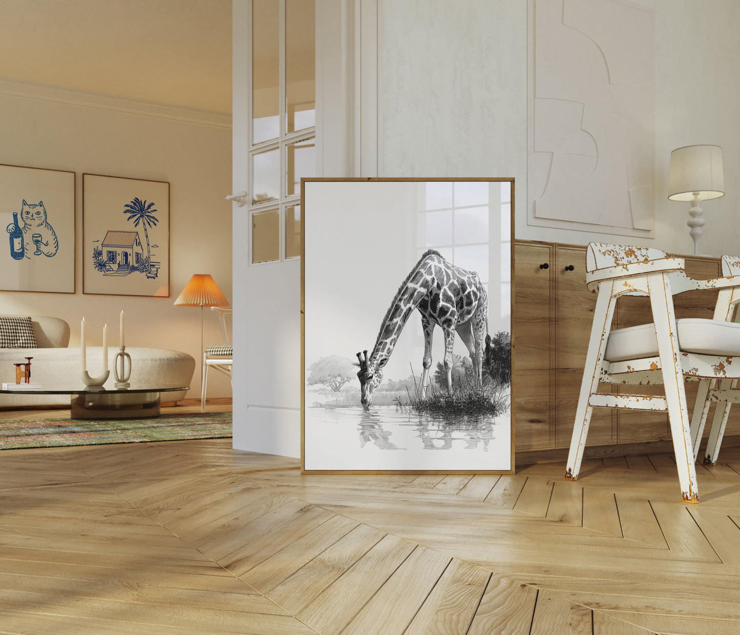 Elegant Drinking Giraffe Poster