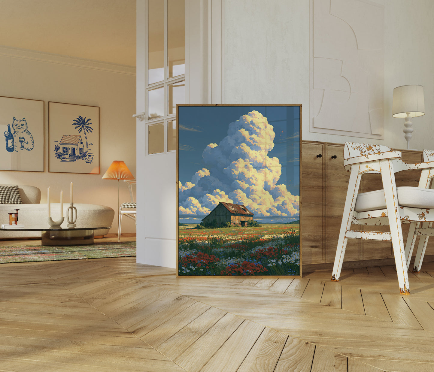 Rustikales Bauernhaus Wildblumenfeld Poster
