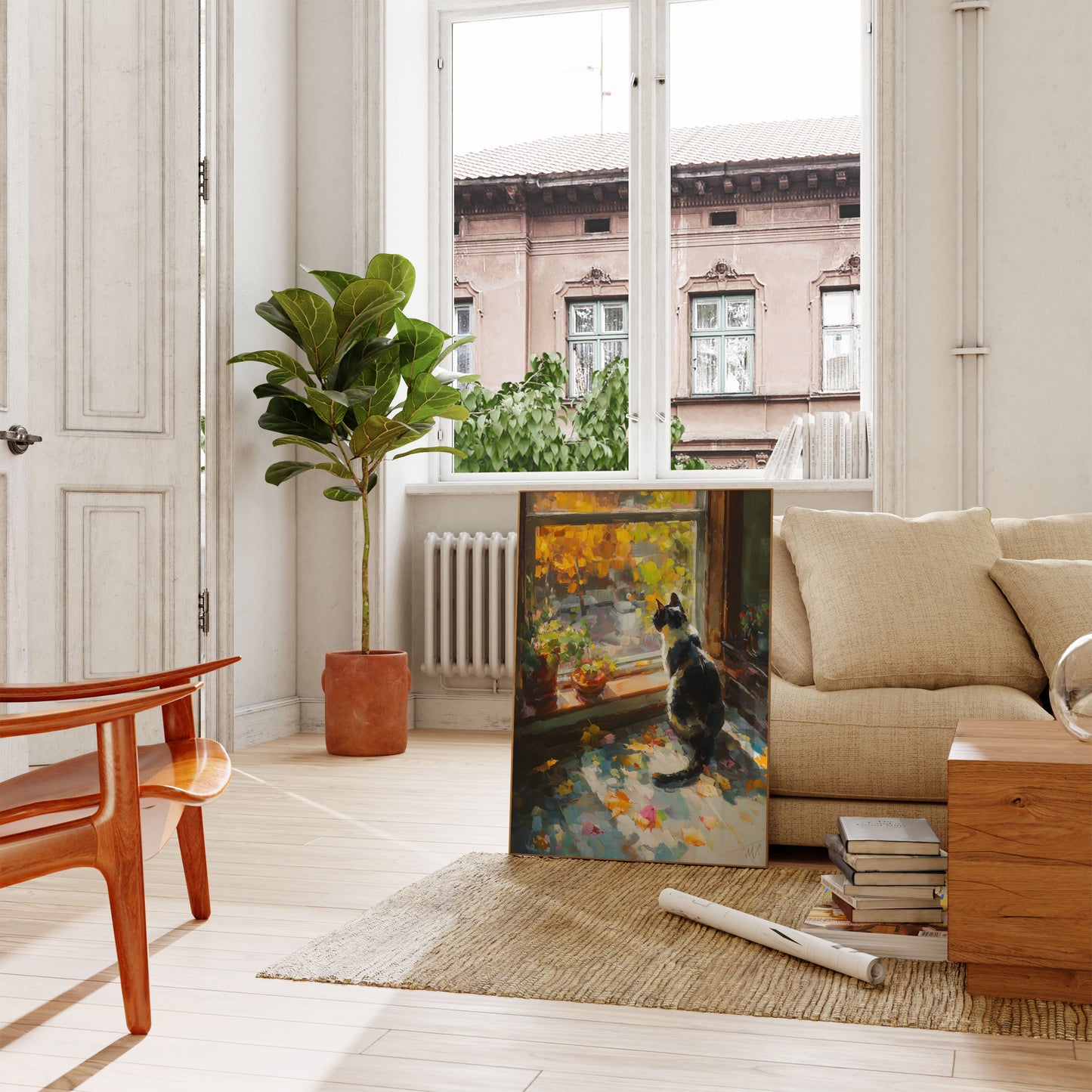 Poster Gatto Nero Finestra Autunnale