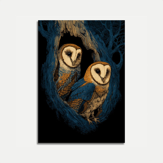 Affiche des Chouettes Effraies dans le Creux de l'Arbre