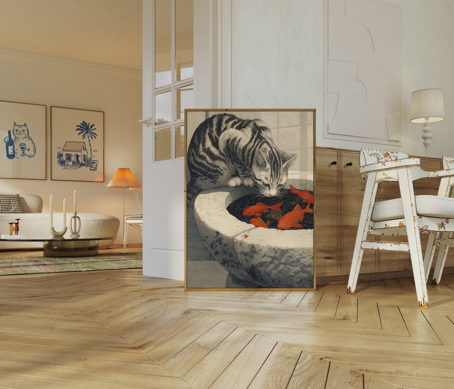 Katze und Goldfisch Neugier Plakat