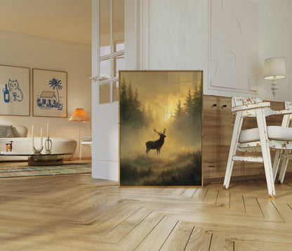 Majestic Deer in Golden Mist Poster