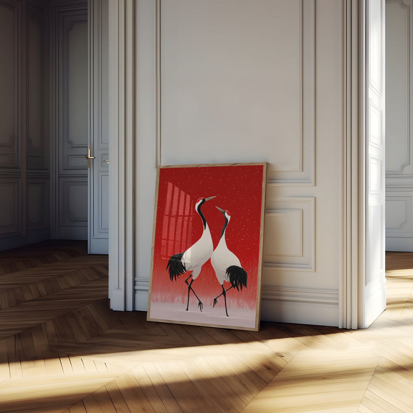 Affiche Hivernale Grues Rouges dans la Neige