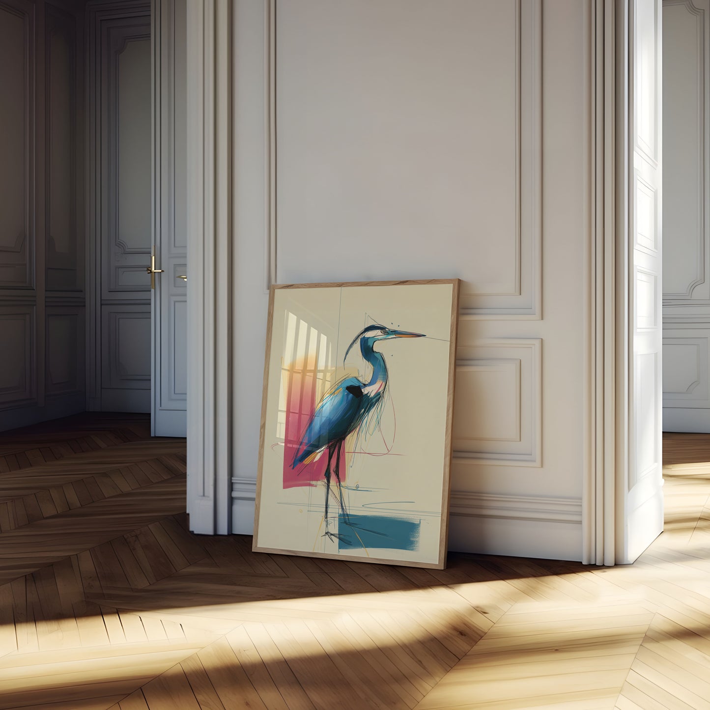Elegant Blå Hejre Skitse Plakat