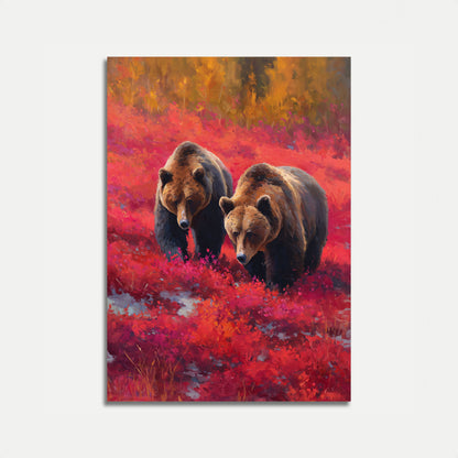 Ours dans l'affiche de fleurs sauvages cramoisies
