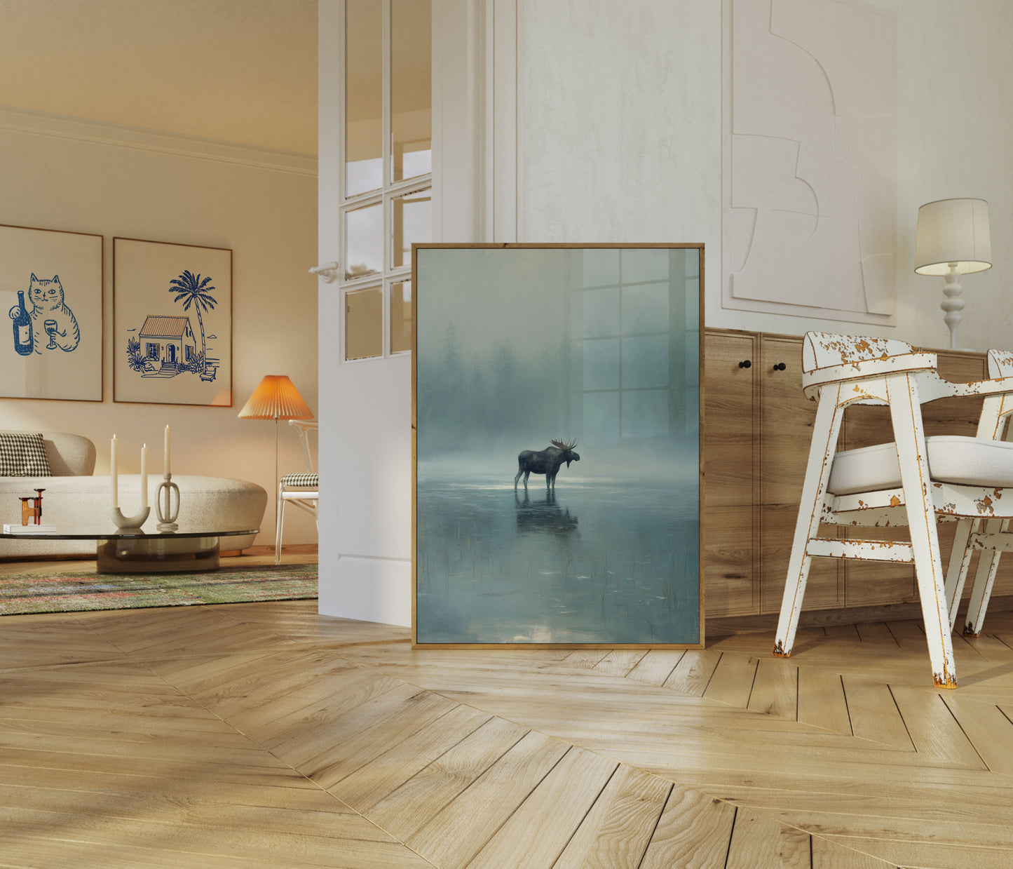 Moose in Misty Lake Poster