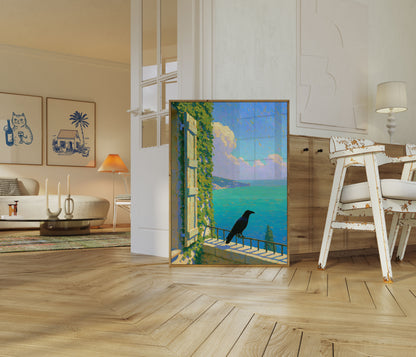 Raven on Mediterranean Balcony Poster