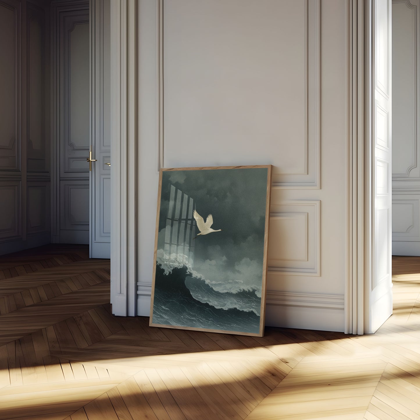 White Crane Above Stormy Waves Poster