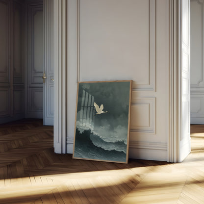 White Crane Above Stormy Waves Poster