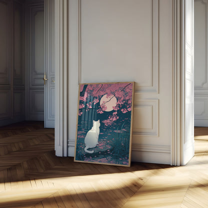 Cat Gazing at Moonlit Blossoms Poster