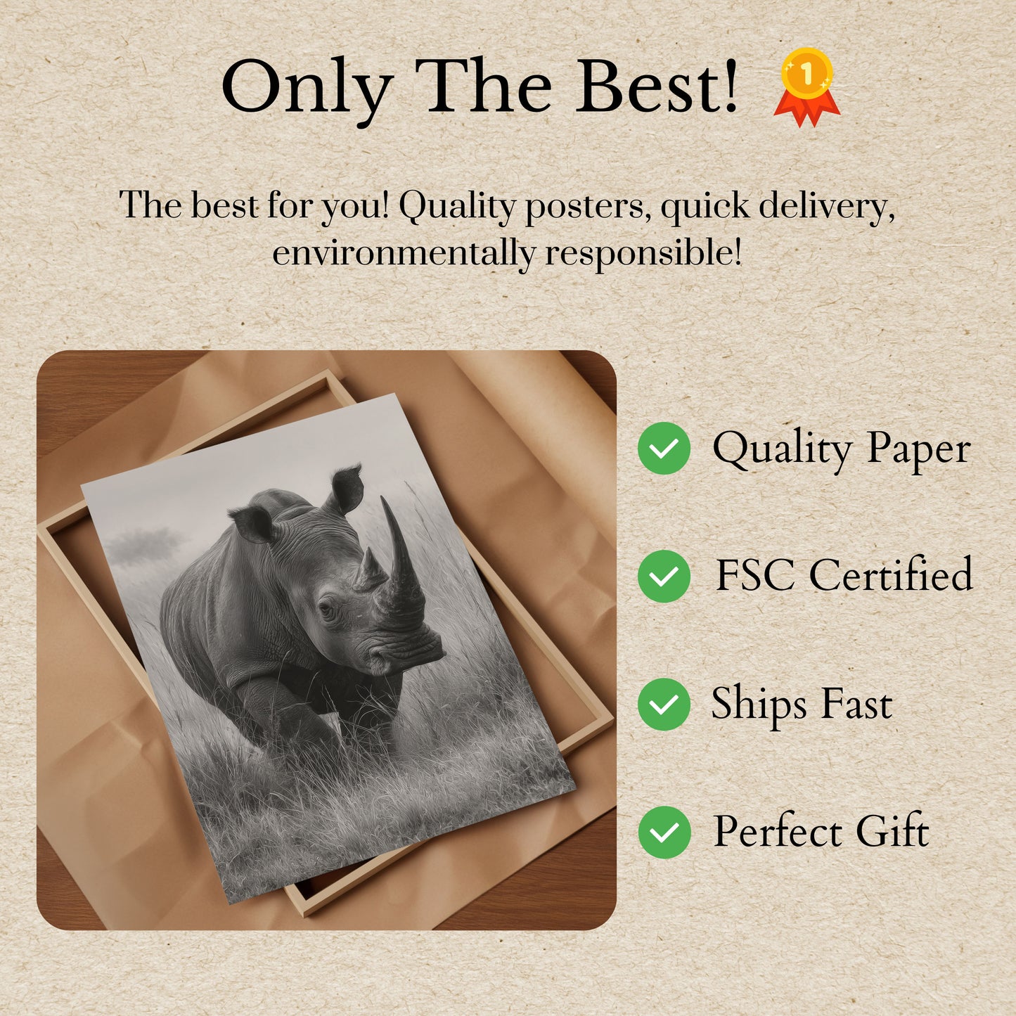 Póster de un majestuoso rinoceronte en la pradera