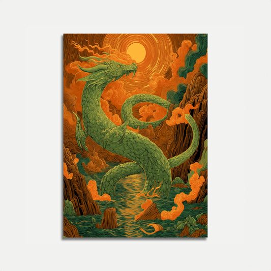Póster Atardecer místico del dragón esmeralda