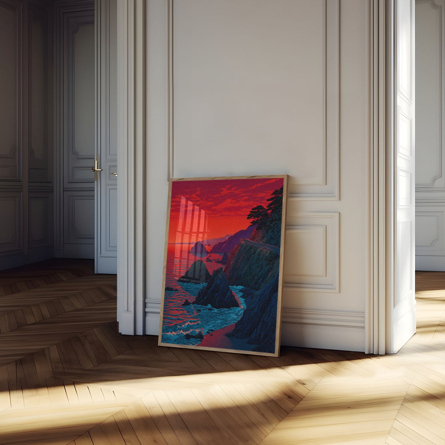 Póster de Acantilados Costeros al Atardecer Carmesí