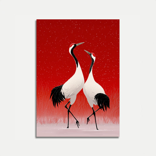 Affiche Hivernale Grues Rouges dans la Neige
