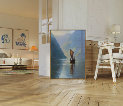 Viking Ship Mountain Fjord Poster