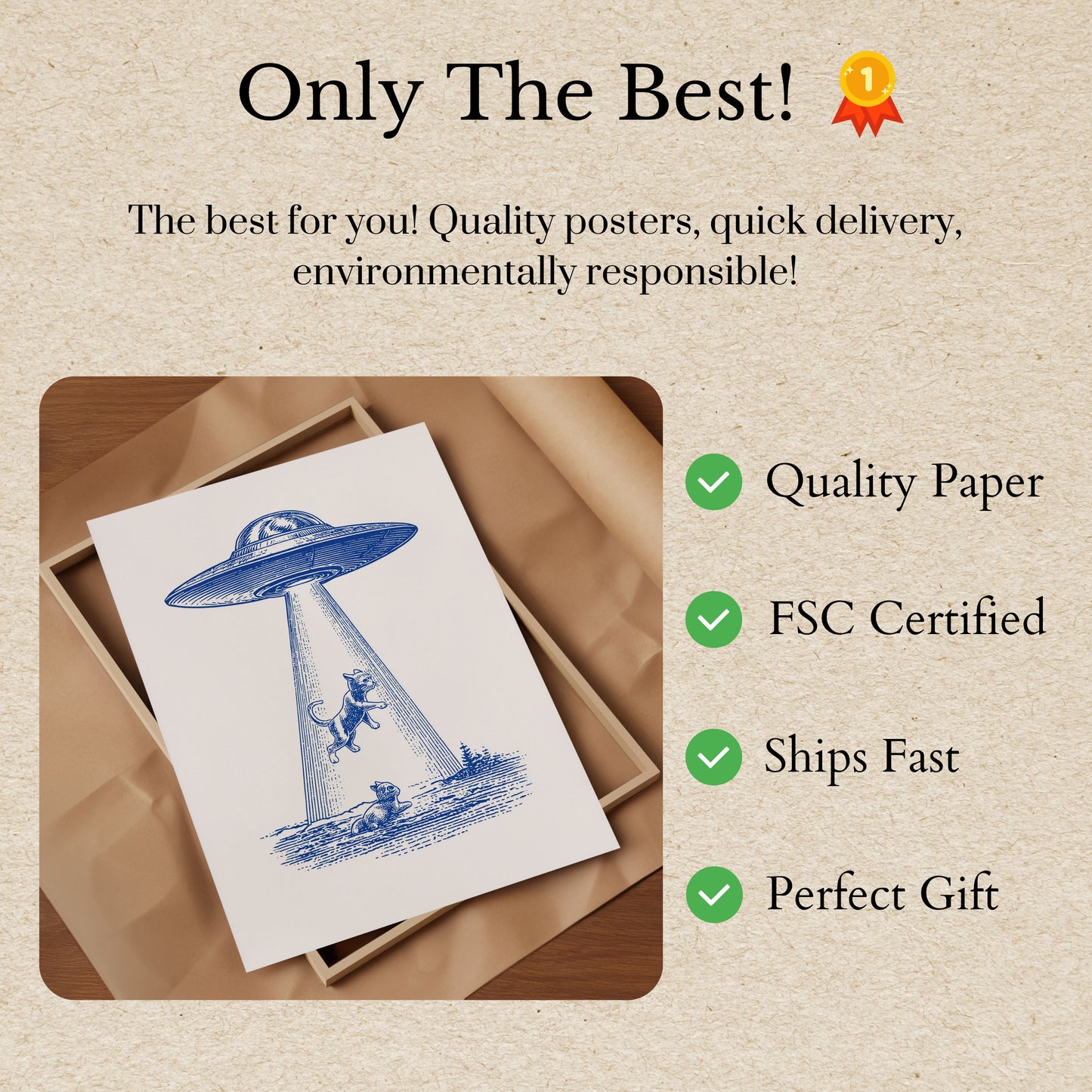 Póster azul de abducción ovni de gato