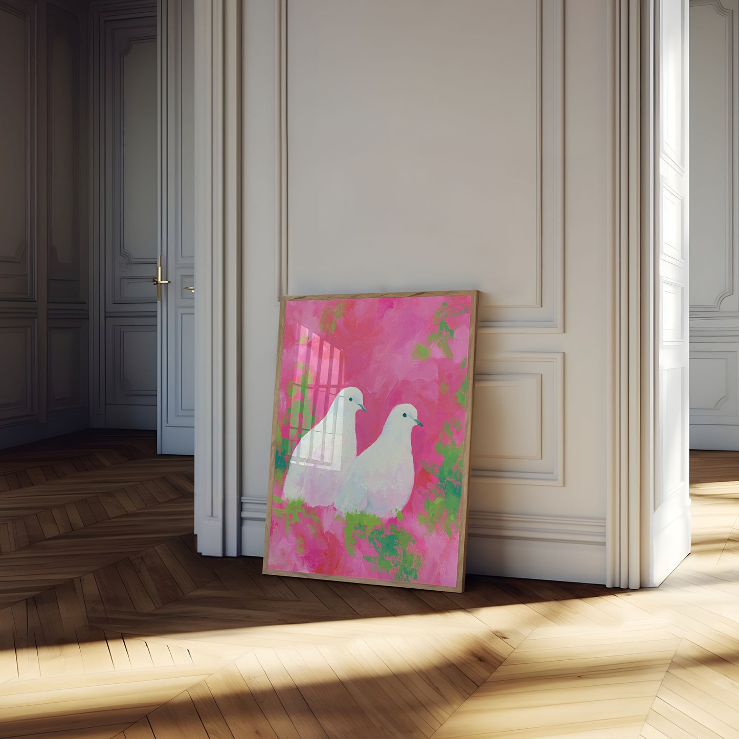 White Doves in Pink Garden Poster