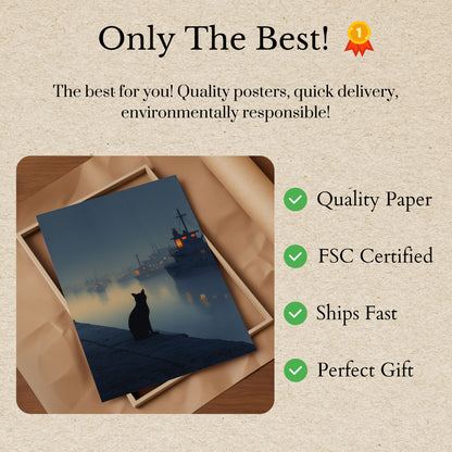 Cat Watching Harbor Ships Poster