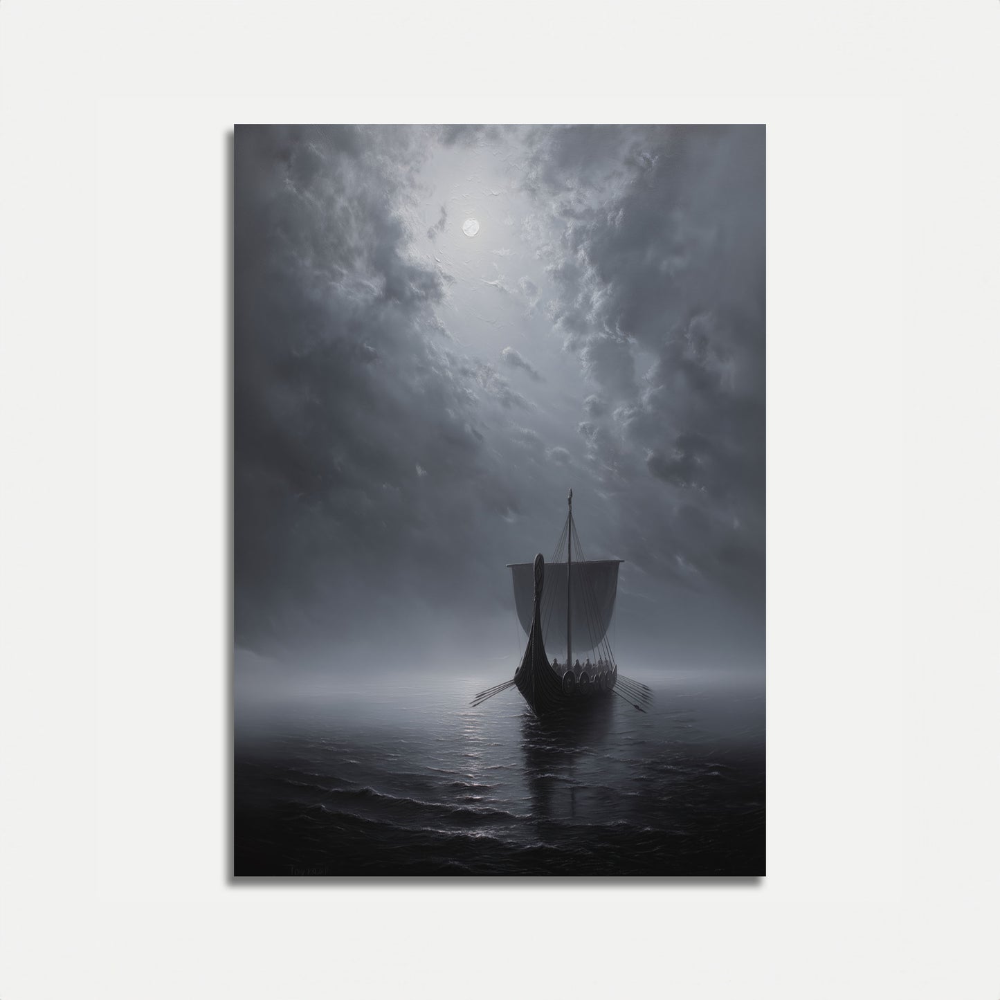 Póster de viaje vikingo a la luz de la luna