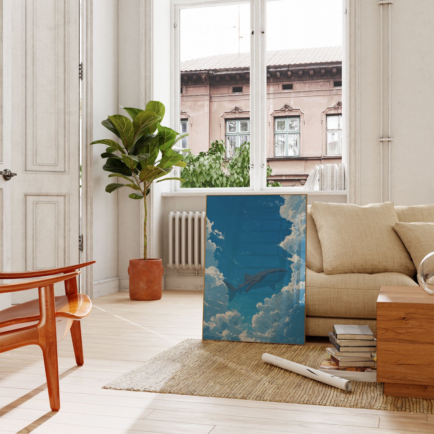 Póster de tiburón ballena en cielos nublados