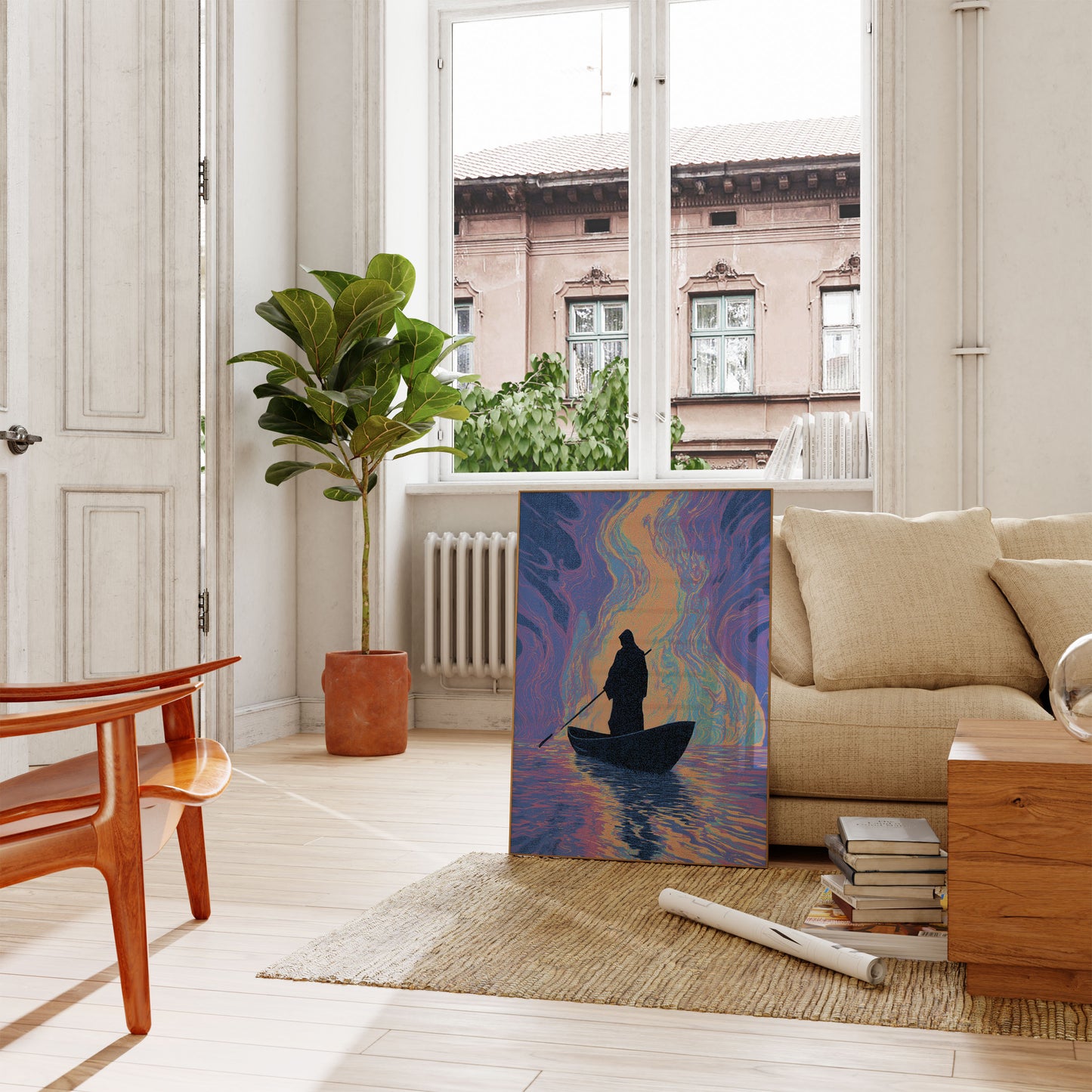 Solitary Boat in Cosmic Waters Poster