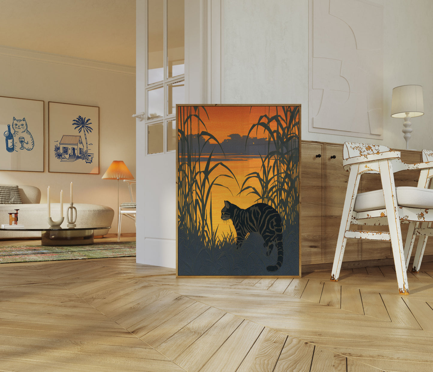 Striped Cat by the Reeds Poster
